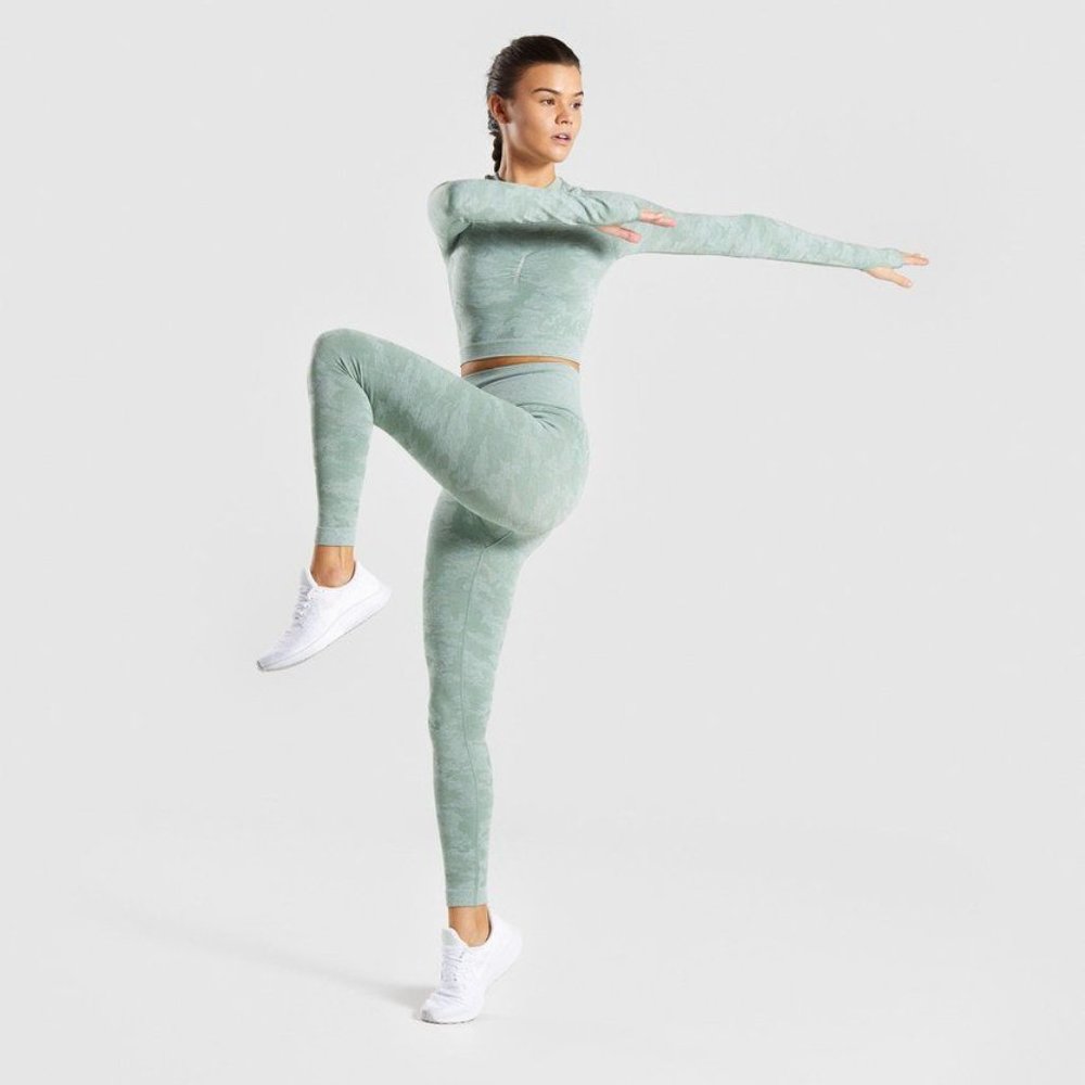 Gymshark Camo Seamless Long Sleeve Crop Top - Sage Green - Size L